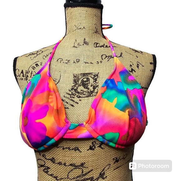 Vintage 80's 90's Neon Pink Orange Tropical Floral Bikini Top - Picture 1 of 13